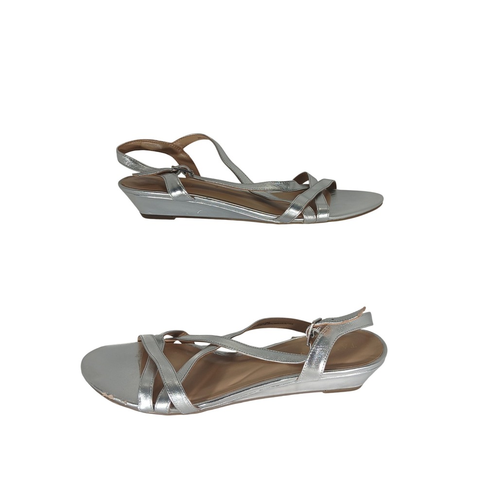 Talbots Strappy Wedge Sandals 10M Silver Metallic Leather Low Heel Elegant